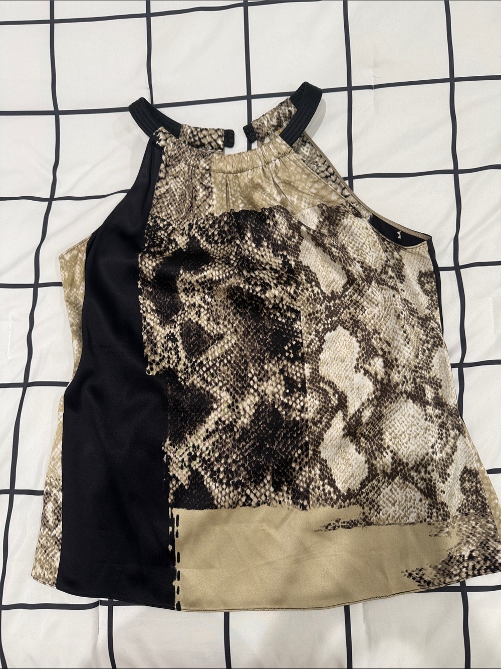 Tamari Sleeveless Snake-Print Halter Top in Black and Tan